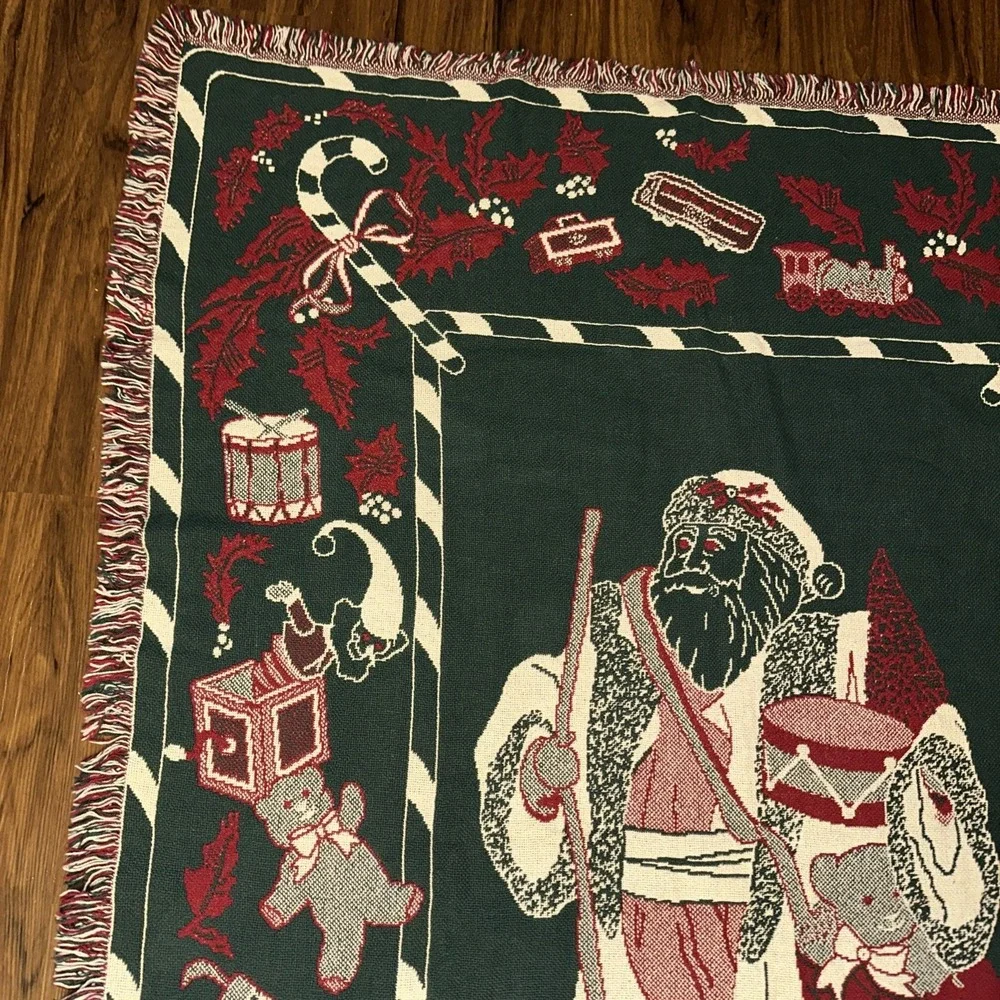 Christmas Holiday Reversible Throw Blanket Woven Tapestry Santa Claus 48x72 VTG